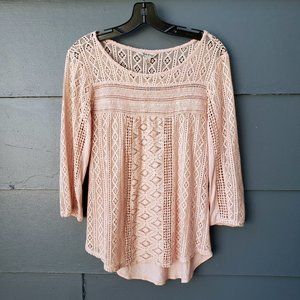 Lucky Brand Blush Pink Lace Sheer Top - S
